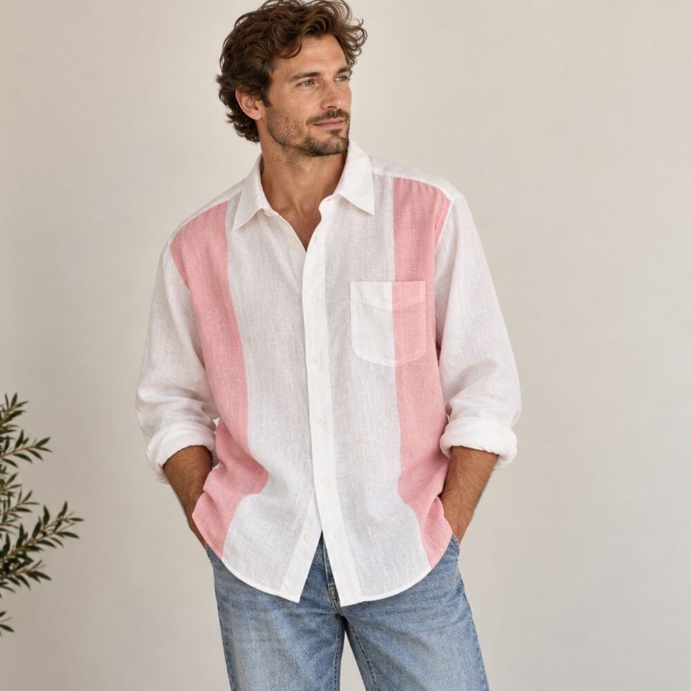 Island Company Men's SZ L 100% Linen Windward Button Front Shirt White Pink